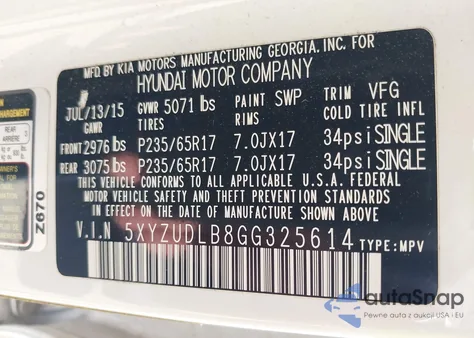 2016 Hyundai Santa Fe Sport 2.4L из США, поврежденный, VIN 5XYZUDLB8GG325614